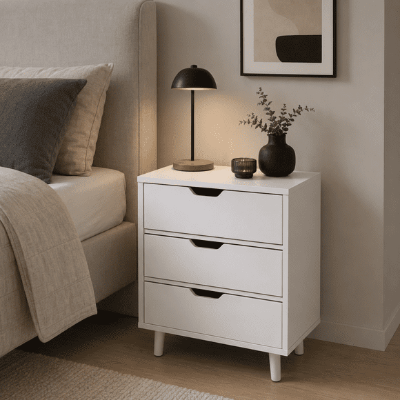 Velador Mari 3 Cajones Blanco Moderno para Dormitorio