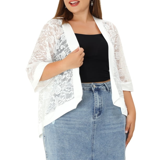 Agnes Orinda Cárdigan de Talla Grande para Mujer con Encaje de Crochet, Mangas 3/4, Ligero, Transparente, Cubierta de Verano 4X Blanco