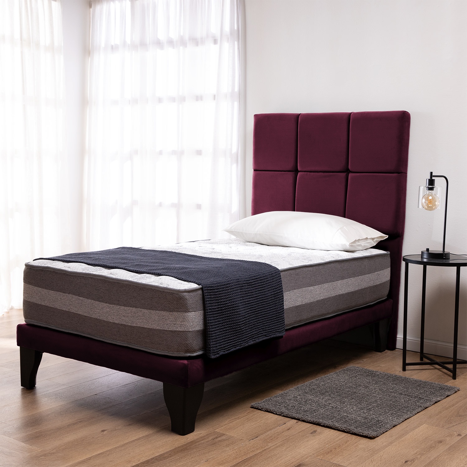 Colbox - Cama Europea Valencia P + Respaldo Atenas 1.5 Pl Felpa Burdeo