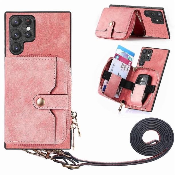 Funda Tipo Cartera con Correa Cruzada para Samsung Galaxy S23 Ultra Protección Contra Golpes Rosa