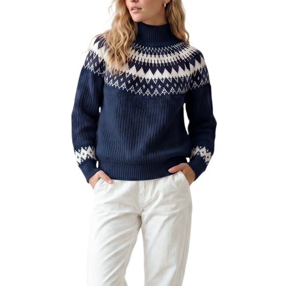 INSPIRE CHIC Suéter Fair Isle para Mujer Casual Vintage de Cuello Simulado de Manga Larga Talla Mediana Azul Real