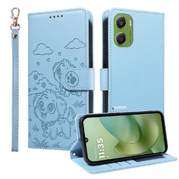 Funda Cartera para Motorola Moto G06 Perro Cachorro Grabado con Tarjetas Soporte Correa Azul