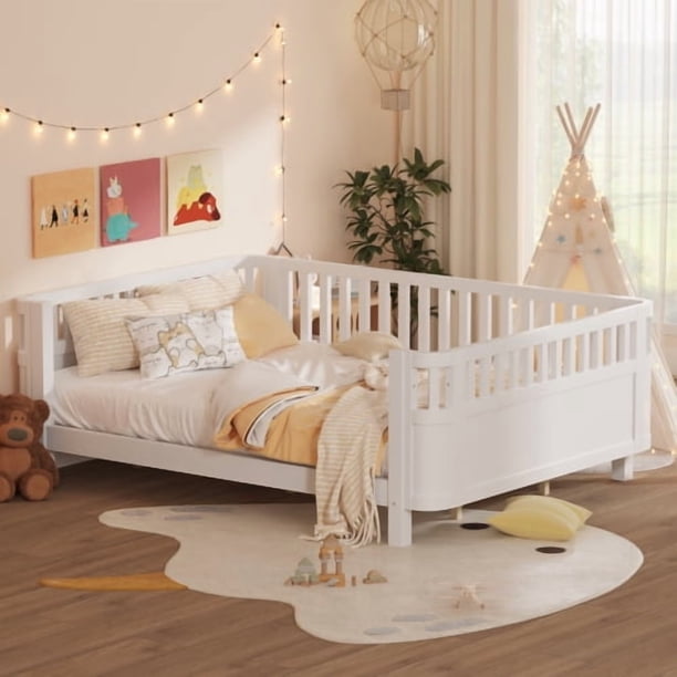 Cama de plataforma de madera de tamaño queen, cama queen de perfil bajo de madera con rieles para niñas y niños