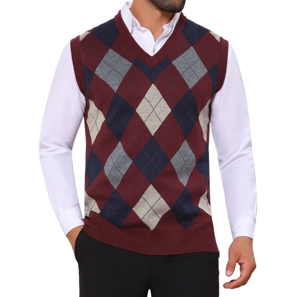 INSPIRE CHIC Chaleco de Punto Casual sin Mangas con Cuello en V a Cuadros Argyle para Hombre L Burdeos