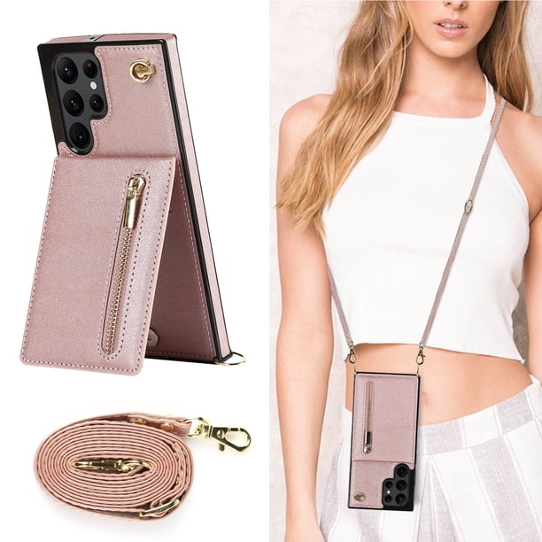 Crossbody Wallet Case Case For Samsung Galaxy S23 S22 Plus Note 20 Ultra With Card Slot Holder, Magnetic Flip Folio Purse Case, PU Leather Zipper Handbag With Detachable Lanyard Strap