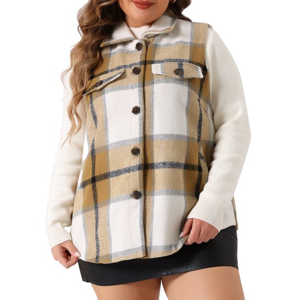 Abrigo de Talla Grande para Mujeres Agnes Orinda Chaleco de Cuadros con Bolsillo Inclinado Sin Mangas Chaqueta Abotonada Exterior 1X Blanco Marrón
