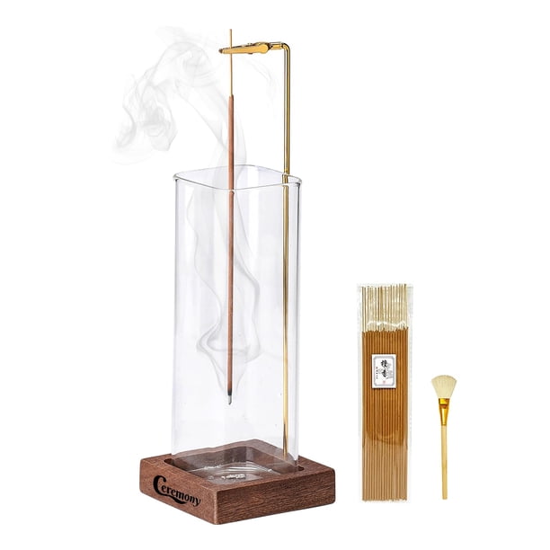 Soporte para incienso de madera para ceremonias con colector de cenizas de cristal y 20 varillas