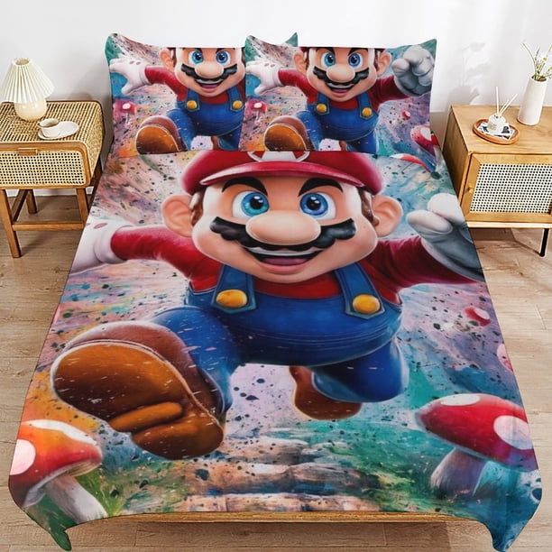 Super Mario 3-Piece Comforter Set for Bedroom Super Mario Bedding Set for Kids Adults Soft Microfiber Duvet Cover Set with Zipper Closure