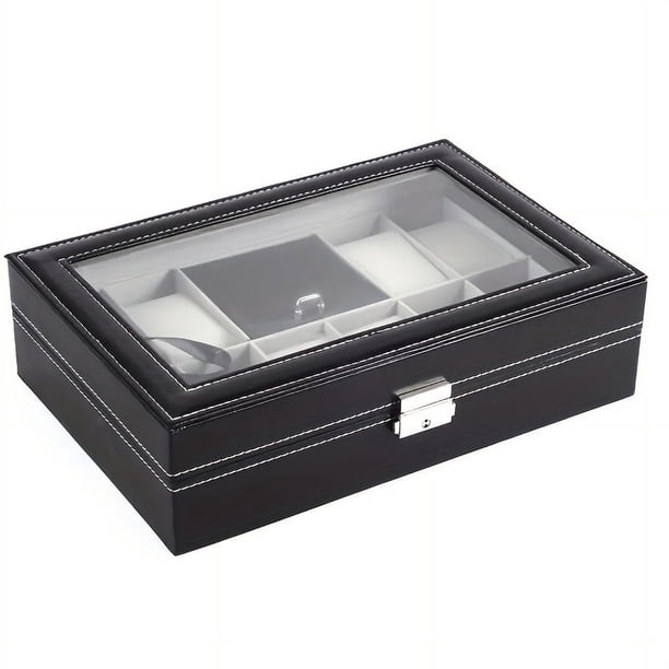 24/ 6/8+2 Slots Jewelry Case For Men, Watch Case Lockable Storage Organizer With Clear Top, Removable Pillow Velvet Lining, PU Leather, Big Collection Box, Christmas Gift
