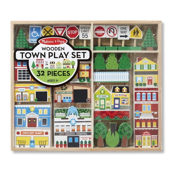 Set Pretend Play Wooden Town Play Melissa & Doug con almacenamiento
