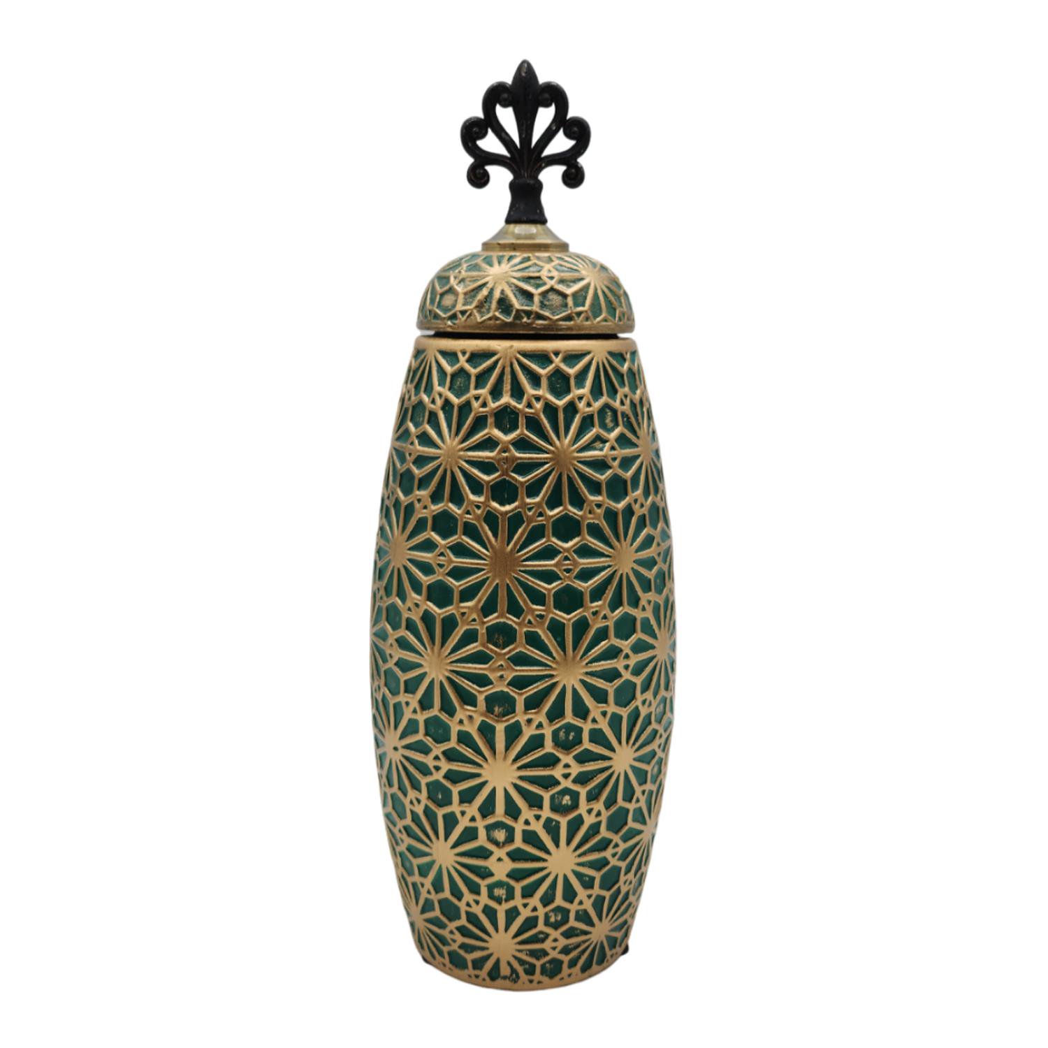 Fliperex - Jarron Florero Ceramica Verde Patrones En Dorado Alargado Verde