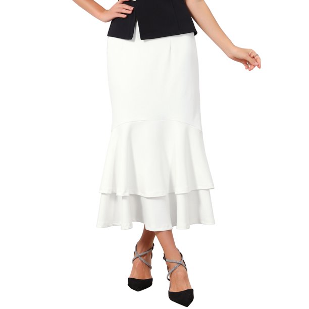 INSPIRE CHIC Falda de Cola de Sirena con Volantes para Mujer, Cintura Alta, Ajustada, Elegante, Faldas de Cóctel 2XL Blanca