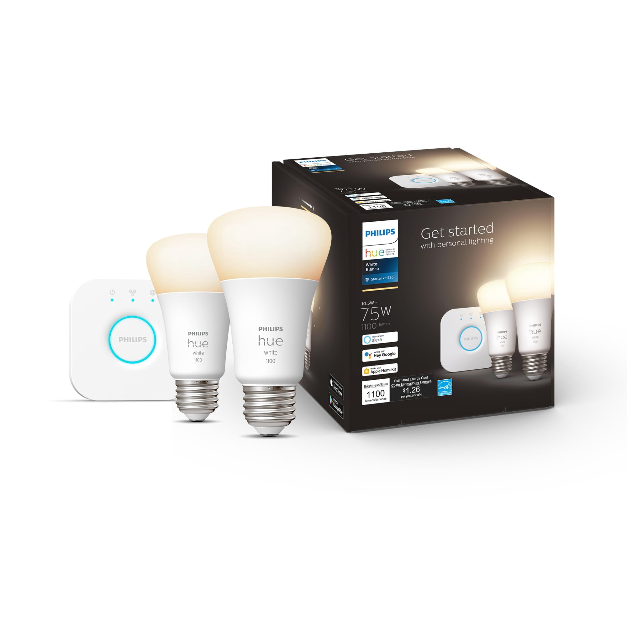 Kit De Inicio De Iluminación Inteligente Philips Hue White Con Puente Y 2 Bombillas