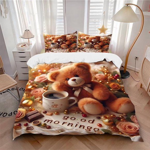 Anime Teddy Bear with Coffee Mug 'Good Morning' Bedding - Includes One Quilt Cover and Two Pillowcases (No Core) - Home Decor Festive Gift Polyester Fabric Suit