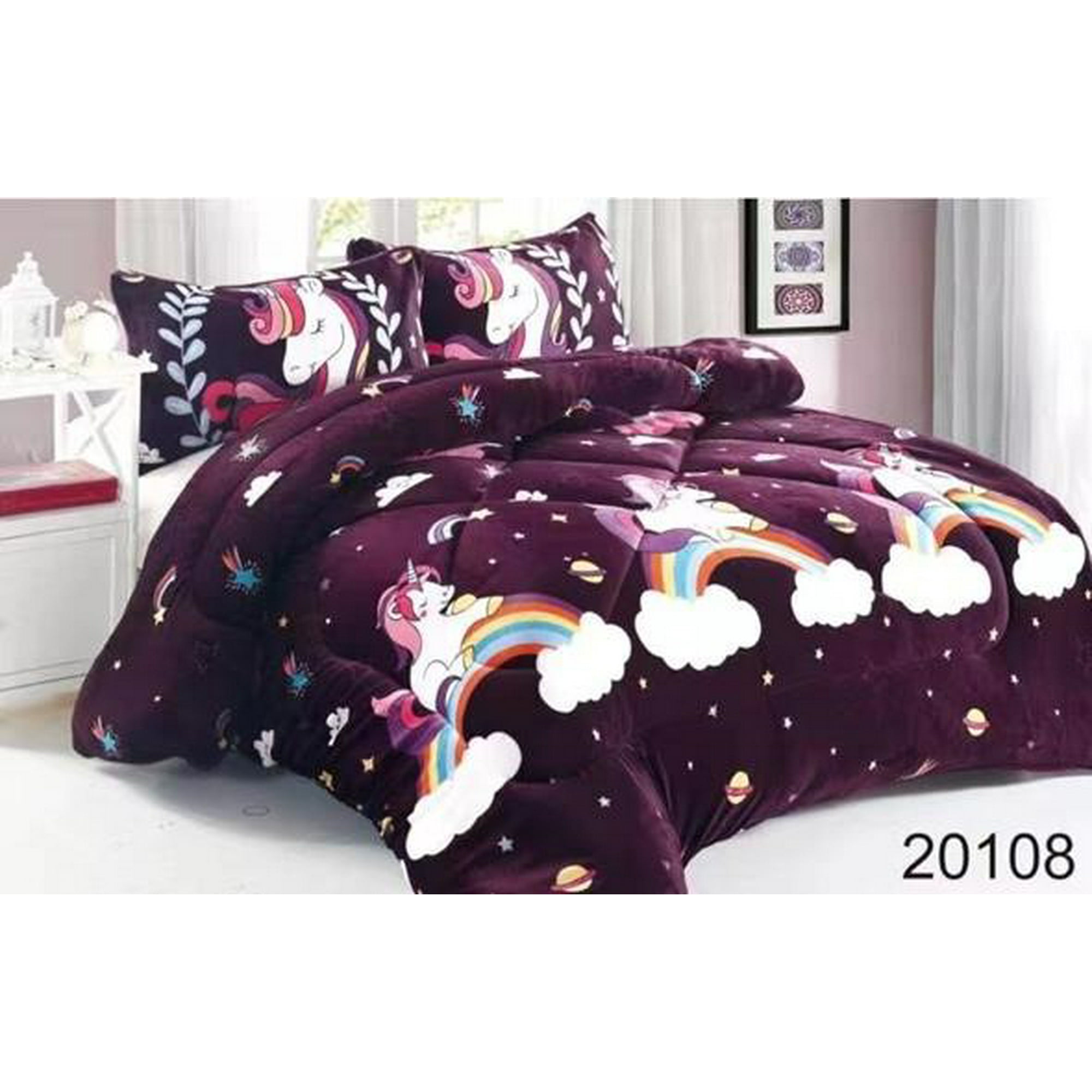 Aladdins Shop - Cobertor De Invierno De Plush Y Chiporro 1,5 Plaza Purpura Unicornio