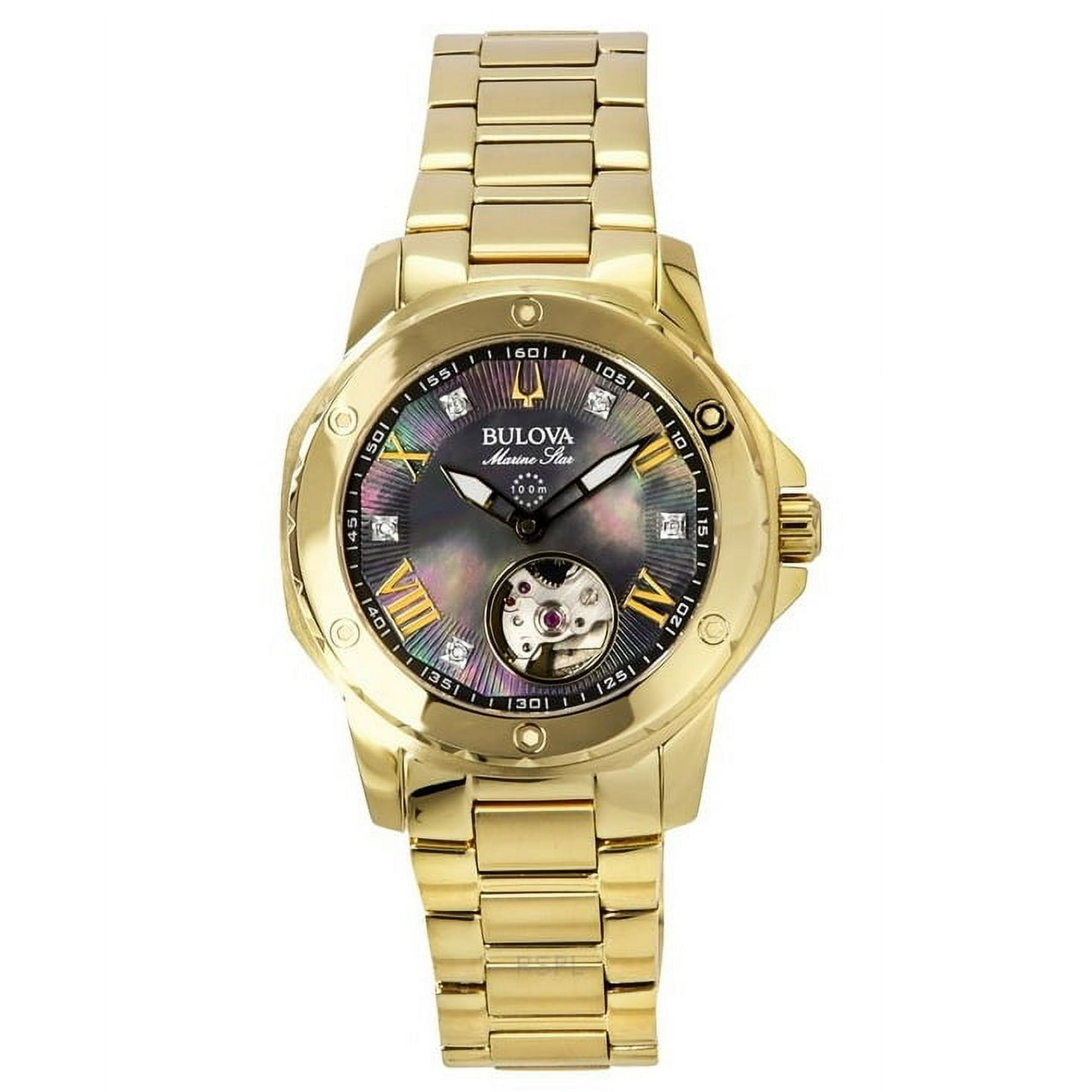 Bulova - Reloj Marine Star Automático Tono Dorado Acero Inoxidable Esfera Negra Nácar 100m Para Mujer 97p171