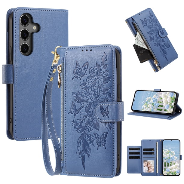 Funda Billetera Floral en Relieve samsung galaxy S25 FE con Tarjetero y Cremallera Azul