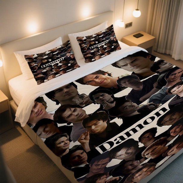 Damon Portrait Collage Duvet Cover Set Independence Day Celebration Bohemian Cartoon Bedding ThreePiece Set! Zipper Closure for Easy Maintenance