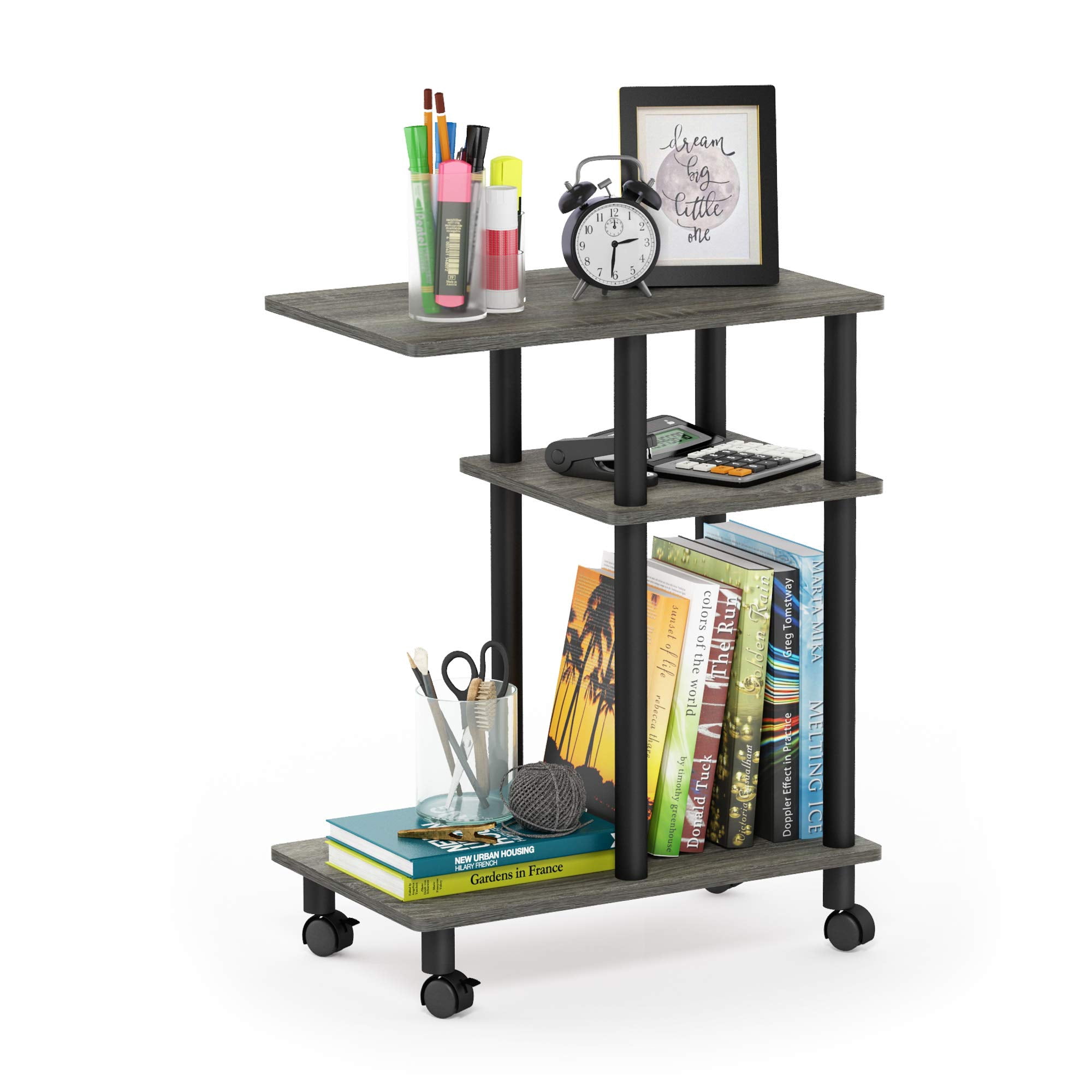 Mesa Auxiliar Furinno Turn-n-tube En Forma De C Con Ruedas De Roble Francés