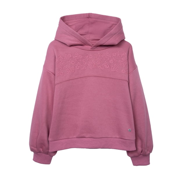Polerón Hoodie Niña con Gorro y Flores Bordadas Burdeo