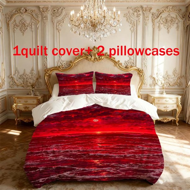 3pcs Red Sun Seascape Printed Bedding Set Duvet Cover and Pillowcases