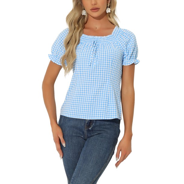INSPIRE CHIC Blusa de cuadros para el regreso a clases de mujer con cuello redondo, volantes y mangas abullonadas, talla S, azul
