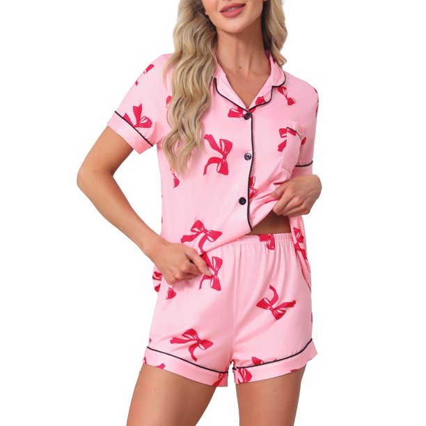 INSPIRE CHIC Conjuntos de Pijama para Mujer de Mangas Cortas con Lindo Estampado de Lazo, Suaves y Cómodos, Camisas con Botones y Pantalones Cortos 2 Piezas L Rosa Brillante