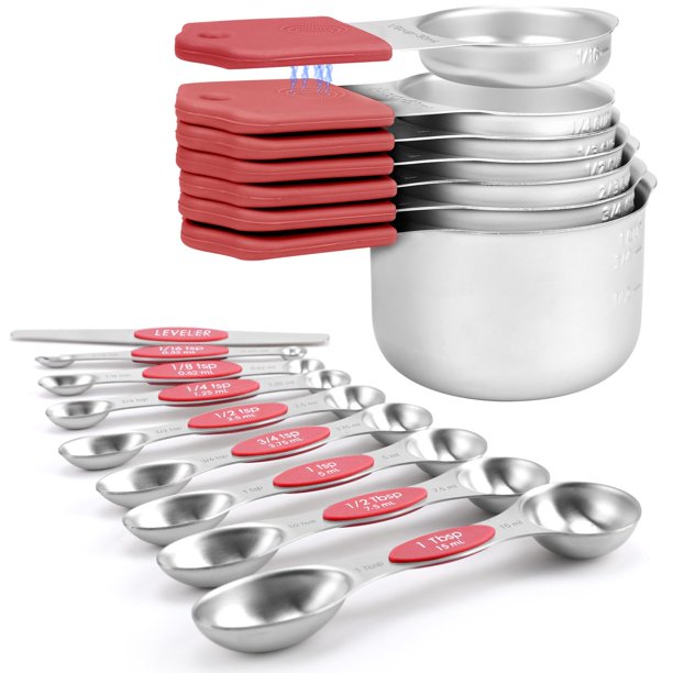 Juego de 16 piezas de tazas y cucharas medidoras magnéticas HOUJIP de acero inoxidable