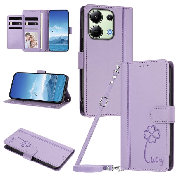 Funda Cartera Trébol para Xiaomi Redmi Note 13 4G con Ranuras Tarjetas y Carga Inalámbrica Morado claro