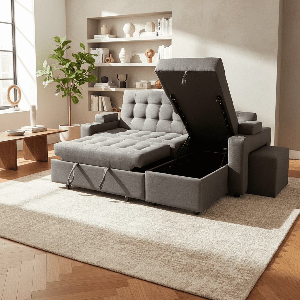 Camila Home - Sofá Cama 3 Cuerpos Gris Oscuro 200 Cm Con Baúl Y Puffs