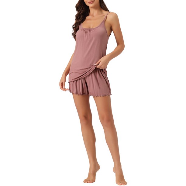 INSPIRE CHIC Conjunto de Pijama para Mujer con Volantes, Camiseta sin Mangas y Pantalones Cortos de Rayón Suave para Primavera Verano S Rosa