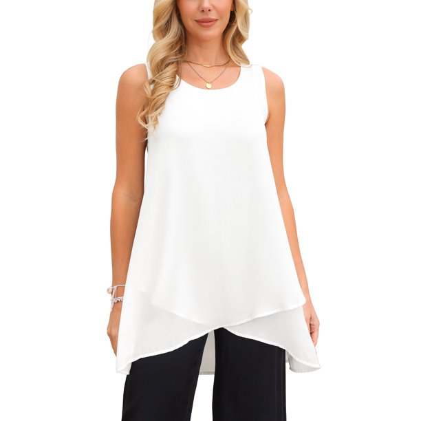 INSPIRE CHIC Blusa sin mangas de gasa casual de mujer para el regreso a clases, camiseta suelta asimétrica de cuello redondo, parte superior de verano, M Blanco