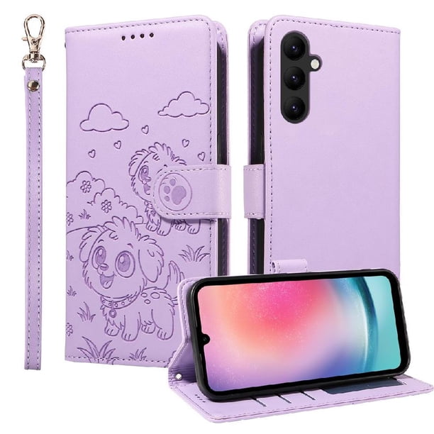 Funda Cartera para Samsung Galaxy A24 4G Perro Cachorro Grabado con Tarjetas Soporte Correa Morado