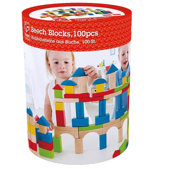 Juego de bloques de construcción Hape, ganador del premio Hape, 100 unidades con almacenamiento para