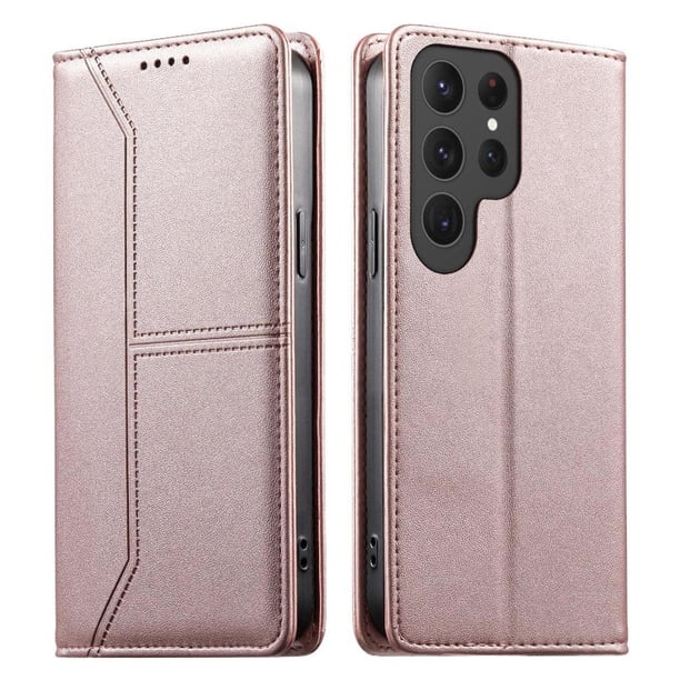 Funda tipo cartera con bloqueo RFID para Samsung Galaxy S24 Ultra cubierta magnética de cuero con tapa y soporte Rosa