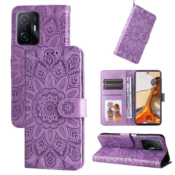 Funda tipo cartera FOXDOCK para Xiaomi 11T Pro , diseño girasol en relieve, cuero PU, cierre magnético, soporte y tarjetero