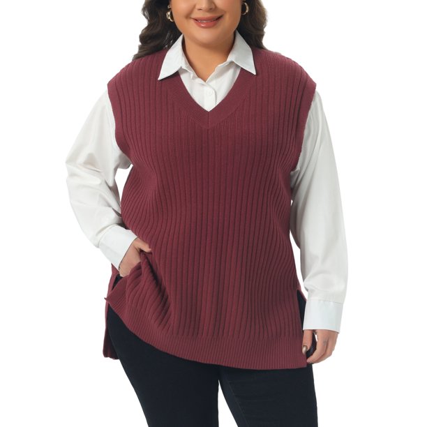 Agnes Orinda Conjuntos de Halloween para Mujeres Tallas Grandes Chaleco de Suéter de Punto Acanalado Cuello en V Sin Mangas Dobladillo Dividido Casual Jersey Sin Mangas 4X Burdeos