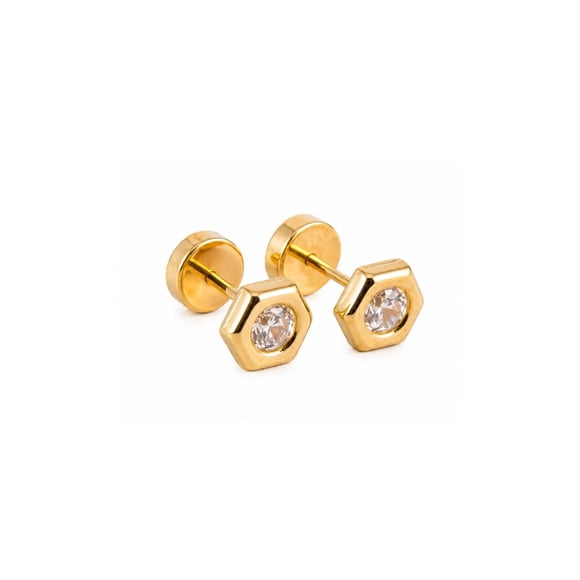 Aros Abridores Hexágonal 6 Mm Oro 18k Con Circón Blanco Blanco
