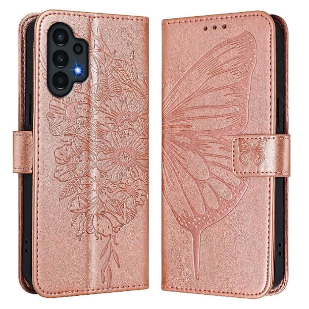 Funda cartera mariposa para Samsung Galaxy A13 4G/5G con soporte y ranuras para tarjetas Oro rosa