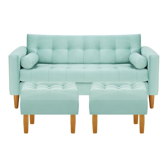 Sofa Retro 3c + 2 Pouf Felpa 04 Verde Agua