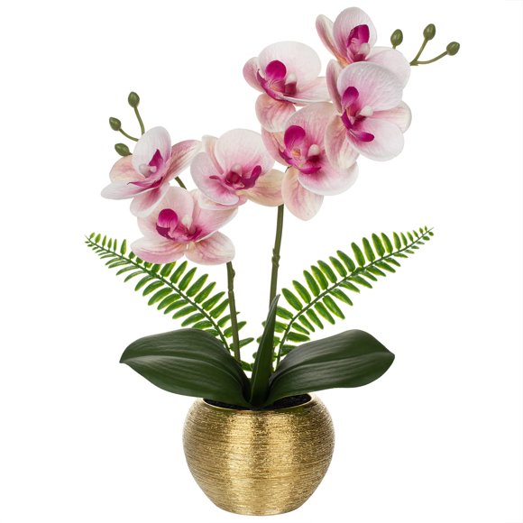 Jarrón Briful de 33 cm con forma de orquídea artificial, oro blanco y rosa