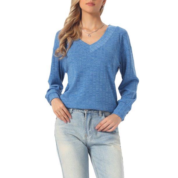INSPIRE CHIC Top de Mujer de Manga Larga con Cuello en V Ligero para Primavera Otoño Blusas Casual XS Azul