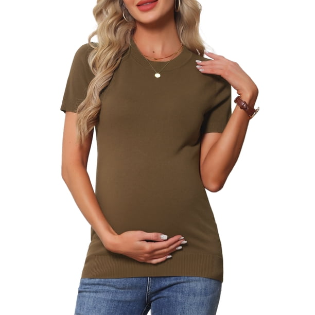INSPIRE CHIC Top de Maternidad para Mujer Suéter de Punto Elástico de Manga Corta a Rayas de Verano Embarazo Cuello Redondo Blusa 2XL Marrón