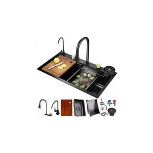 Genérico - Lavaplatos Empotrado 80×45 Acero Inoxidable Negro Con Llave De Cascada Extraíble + Accesorios Kit Completo