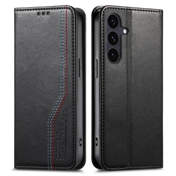Funda tipo cartera para Samsung Galaxy S24 Plus de piel con cierre magnético, ranuras para tarjetas y correa para la muñeca Negro