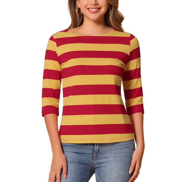 INSPIRE CHIC Camisetas a Rayas de Regreso a Clases para Mujer Ajuste Ceñido Mangas al Codo Cuello de Barco Talla XS 1