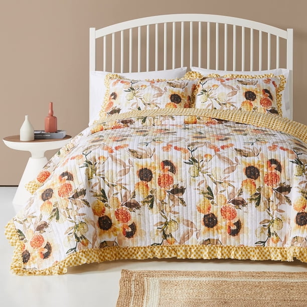 Juego de colcha Greenland Home Somerset con volantes a cuadros vichy dorados, talla Twin/XL