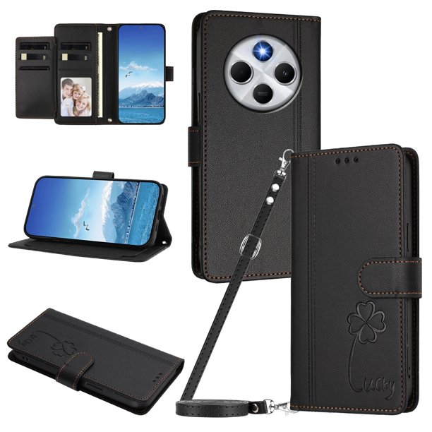 Funda Cartera Trébol para Xiaomi Poco M7 5G con Ranuras Tarjetas y Carga Inalámbrica Negro