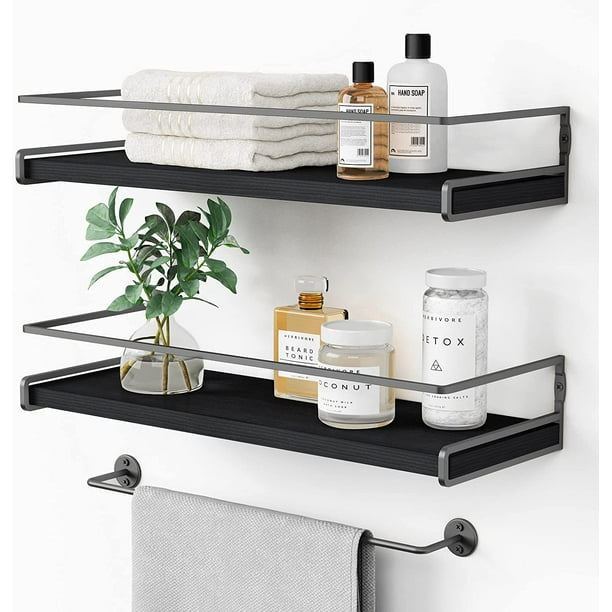 Forbena White Floating Shelves for Bathroom Organizer Over Toilet, Bathroom Shelves Wall Mounted with Towel Rack, Small Corner Wall Shelf for Bedroom Decor Kitchen Storage (White-Grey Set of 2)