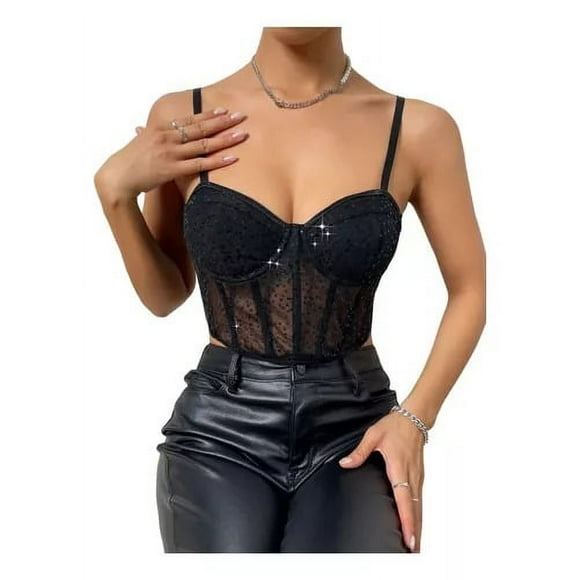 Crops Top Corto Elegante Con Tirantes Para Mujer - Lentejuelas - Brillos